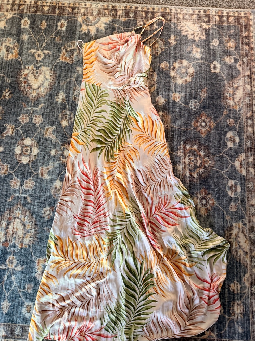 One-Shoulder Tropical Leaf Maxi Dress in Pink, Green & Gold Tones - Picture 8 of 8